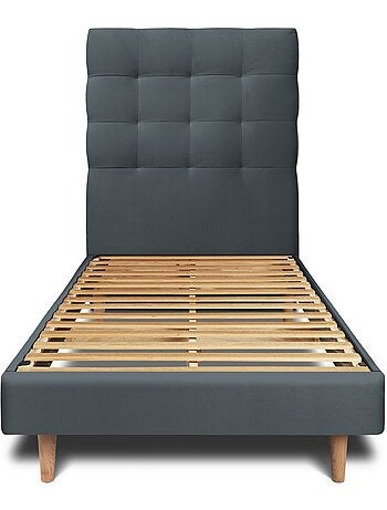 Lit avec tête de lit capitonnée velours et sommier kit H29cm