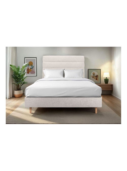 Lit avec tête de lit lignes tissu et sommier tapissier H35cm - Kiabi