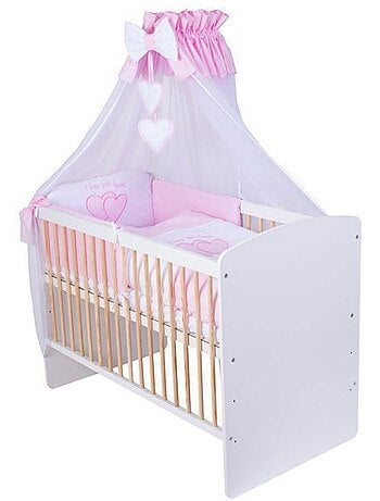 Lit bébé à barreaux - avec matelas et parure 11 pièces motif cœurs - kmbaby