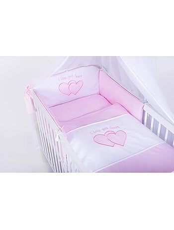 Lit bébé à barreaux - avec matelas et parure 11 pièces motif cœurs - kmbaby