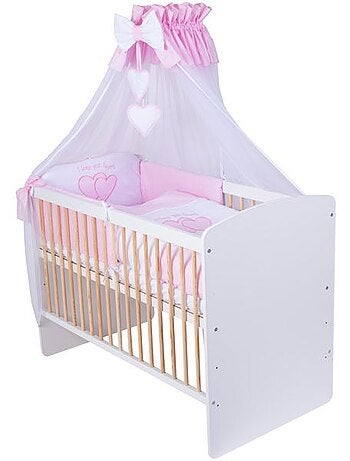 Lit bébé à barreaux - avec matelas et parure 11 pièces motif cœurs - kmbaby