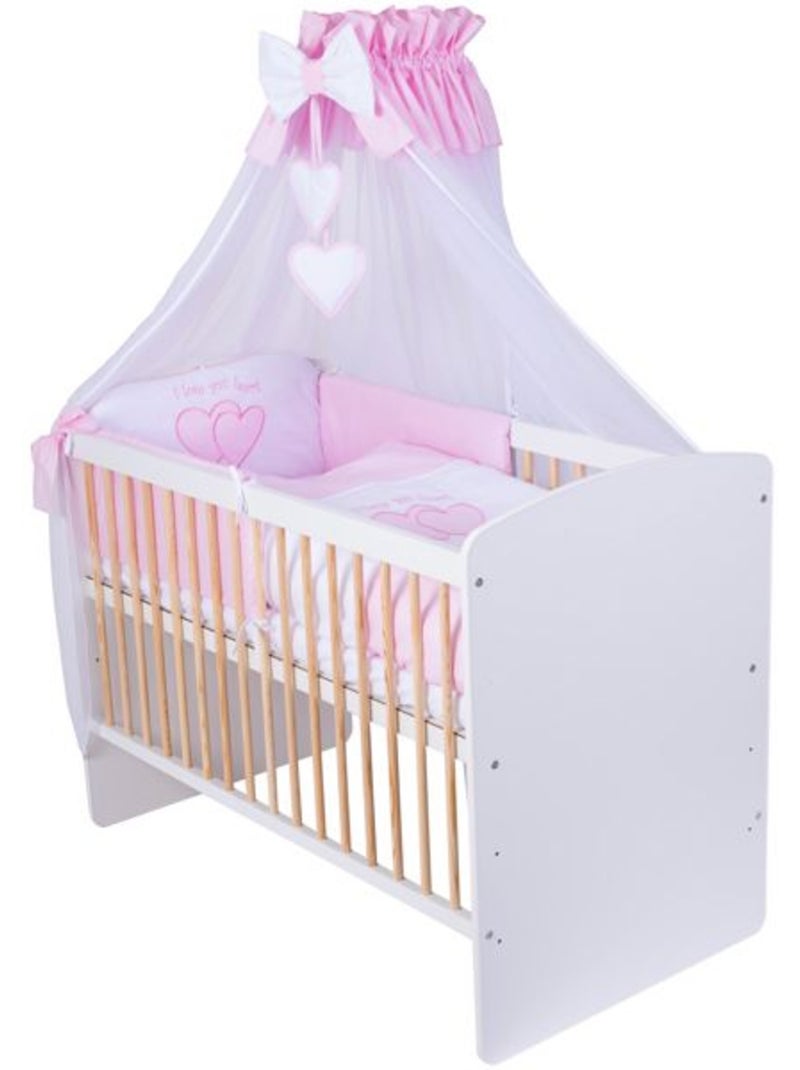 Lit bébé à barreaux - avec matelas et parure 11 pièces motif cœurs - kmbaby Blanc / Rose / Beige - Kiabi