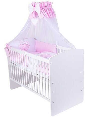 Lit bébé à barreaux - avec matelas et parure 11 pièces motif cœurs - kmbaby