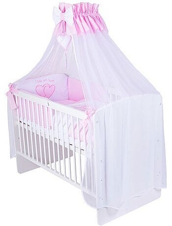 Lit bébé à barreaux - avec matelas et parure 11 pièces motif cœurs - kmbaby