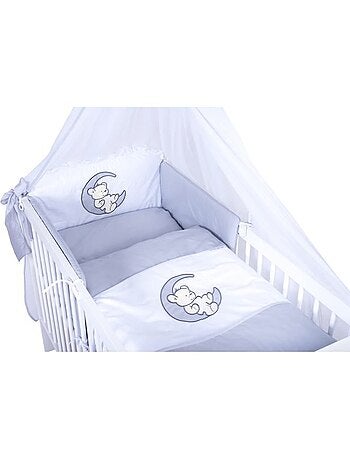 Lit bébé à barreaux - matelas + parure 11 pièces motif ourson lune - kmbaby