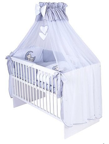 Lit bébé à barreaux - matelas + parure 11 pièces motif ourson lune - kmbaby