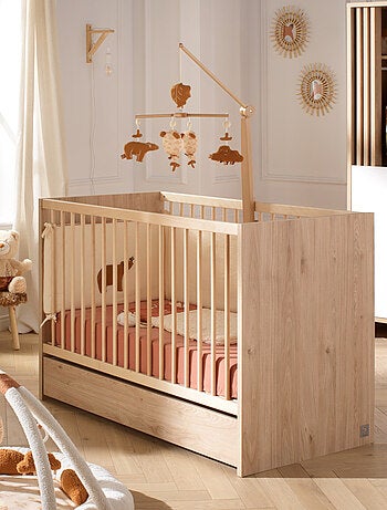 Lit bébé à barreaux en bois décor chêne suave avec matelas - SAUTHON