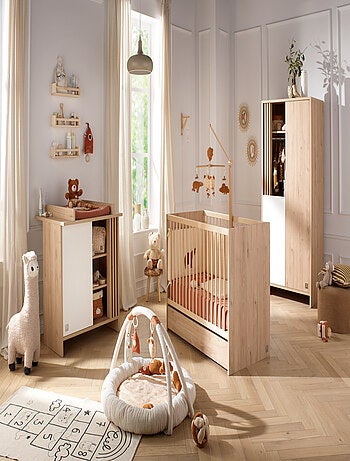 Lit bébé à barreaux en bois décor chêne suave avec matelas - SAUTHON