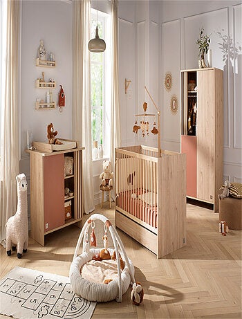 Lit bébé à barreaux en bois décor chêne suave avec matelas - SAUTHON