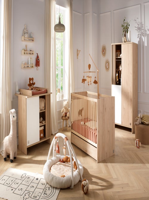 Lit bébé à barreaux en bois décor chêne suave avec matelas - SAUTHON - Kiabi