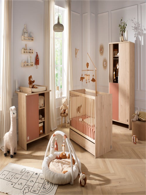 Lit bébé à barreaux en bois décor chêne suave avec matelas - SAUTHON - Kiabi