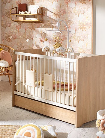 Lit bébé avec têtes de lit arrondies en bois décor chêne miel - SAUTHON