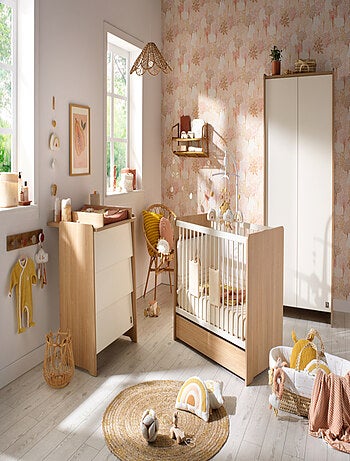 Lit bébé avec têtes de lit arrondies en bois décor chêne miel - SAUTHON