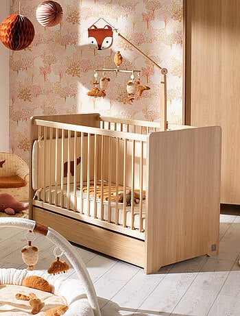 Lit bébé avec têtes de lit arrondies en bois décor chêne miel - SAUTHON