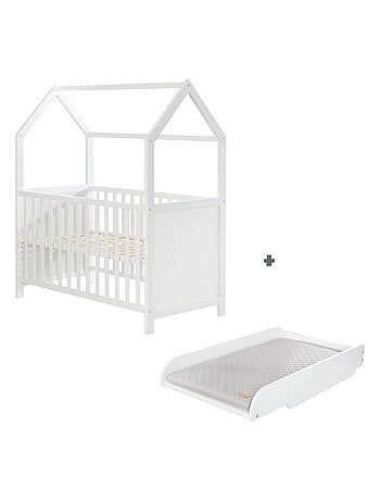 Lit bébé cabane 60 x 120 convertible en cododo + plan et matelas à langer ROBA