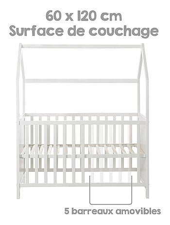 Lit bébé cabane 60 x 120 en bois FSC convertible en cododo et canapé ROBA