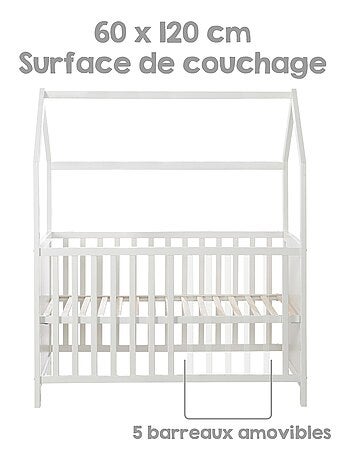 Lit bébé cabane 60 x 120 en bois FSC convertible en cododo et canapé ROBA