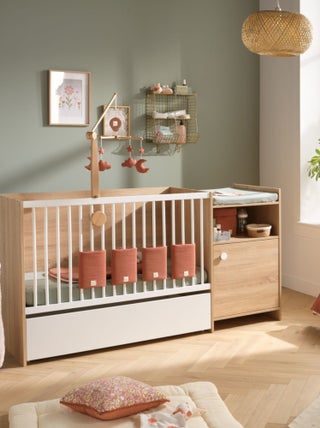 Lit bébé combiné évolutif en décor bois avec commode à langer 1 porte -