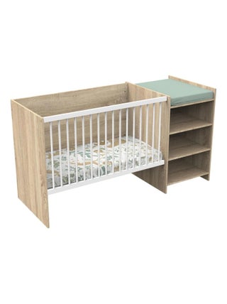 Lit bébé combiné évolutif en décor bois avec commode à langer étagère