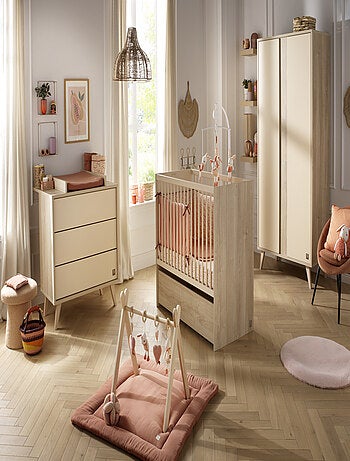 Lit bébé évolutif avec têtes panneaux imitation bois - SAUTHON