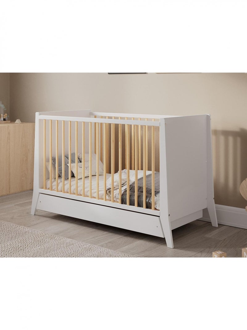 Lit bébé évolutif avec tiroir - ZOÉ - 120x60 cm Blanc Beige - Kiabi