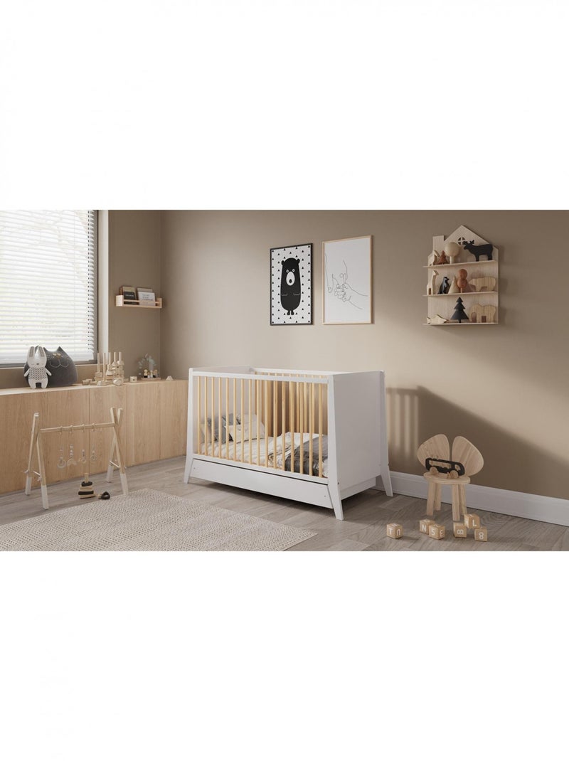 Lit bébé évolutif avec tiroir ZOÉ 120x60 cm Blanc Beige