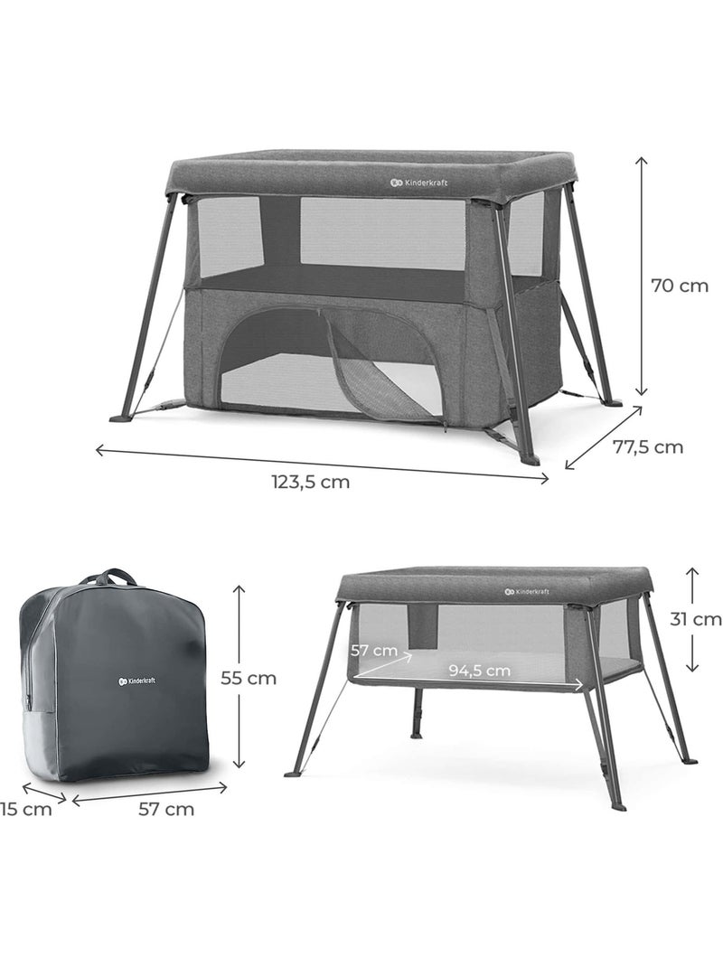 Lit Bébé Kinderkraft CAMI 3 en 1 avec Sommier 2 Niveaux, Lit Parapluie, Parc et Sac à Dos Gris - Kiabi