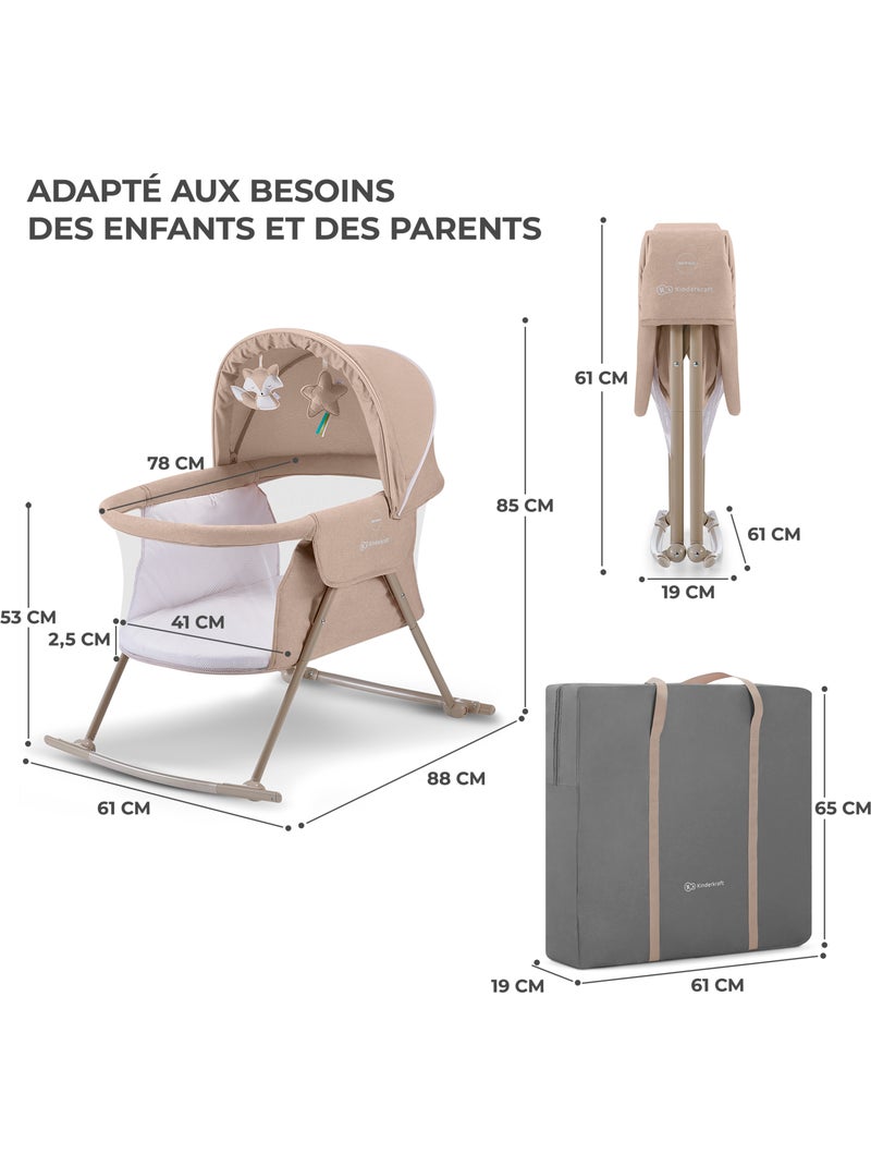 Lit bébé Kinderkraft LOVI 3 EN 1 avec berceau, lit de voyage, moustiquaire et jouets suspendus Beige - Kiabi