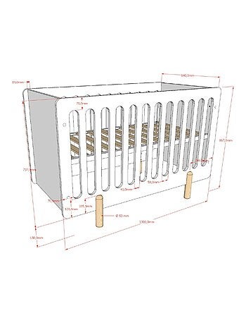 Lit bébé sommier réglable pin massif et imitation bois DARIUS