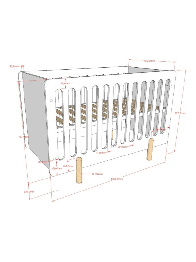 Lit bébé sommier réglable pin massif et imitation bois  DARIUS Blanc - Kiabi
