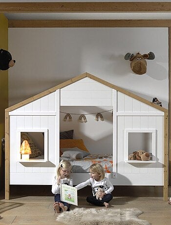 Lit cabane 2 fenêtres effet bois HISAÉ