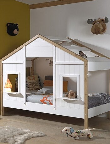 Lit cabane 2 fenêtres effet bois HISAÉ