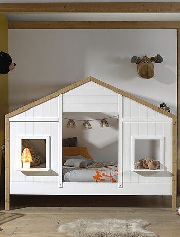 Lit cabane 2 fenêtres effet bois HISAÉ