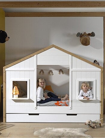 Lit cabane 2 fenêtres effet bois HISAÉ