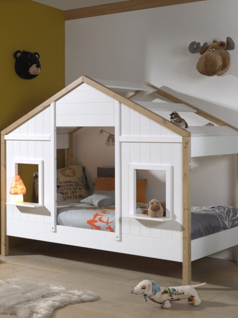 Lit cabane 2 fenêtres effet bois  HISAÉ Blanc - Kiabi