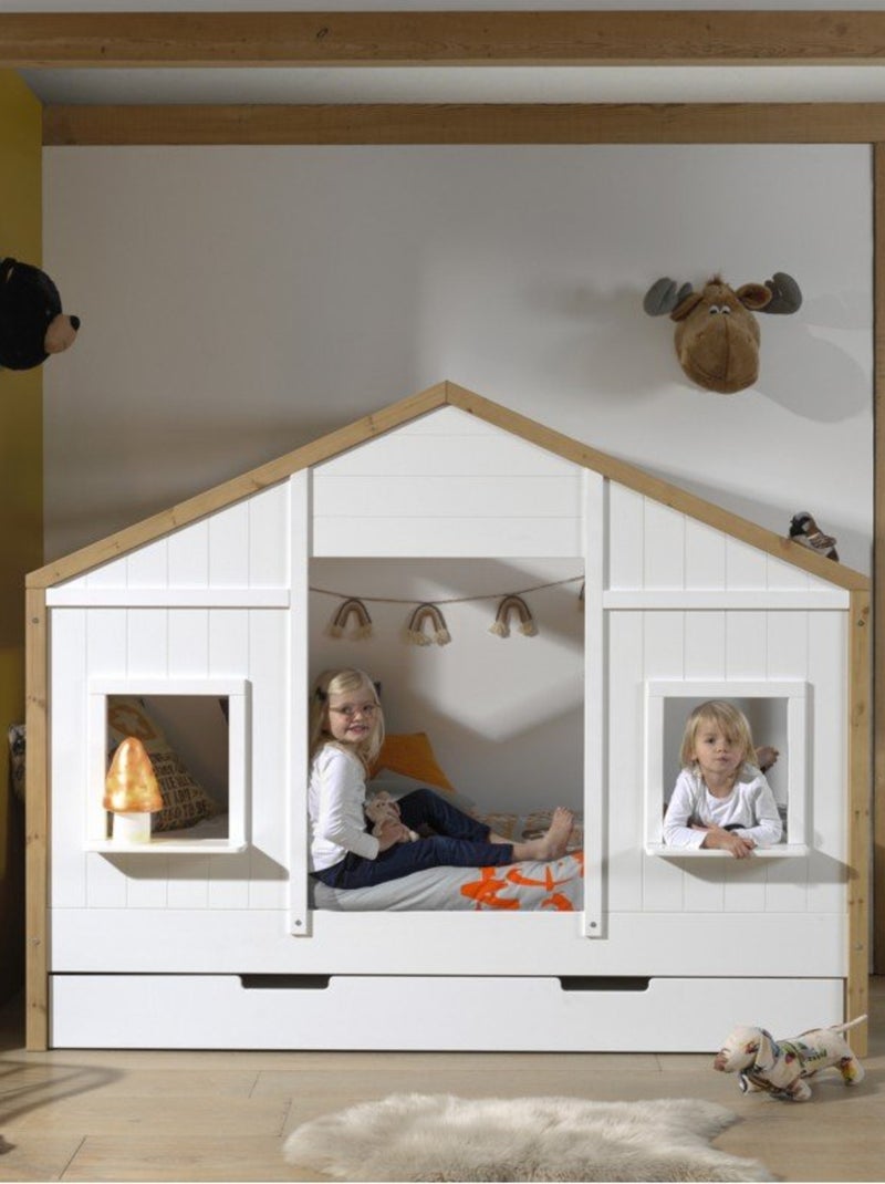 Lit cabane 2 fenêtres effet bois  HISAÉ Blanc - Kiabi