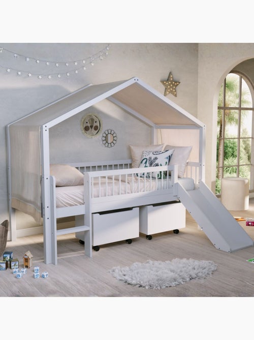 Lit cabane à toboggan en hêtre massif AUBANE - Kiabi