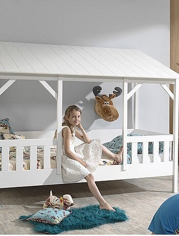 Lit cabane avec barrières et toit imitation bois HENRIK