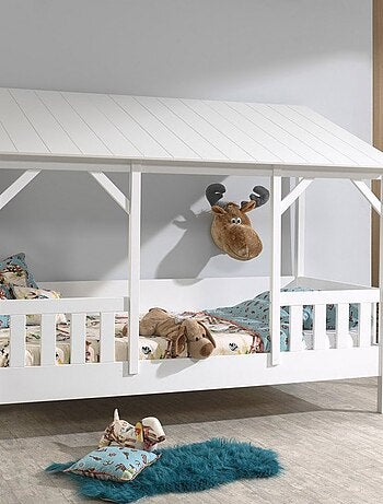 Lit cabane avec barrières et toit imitation bois HENRIK