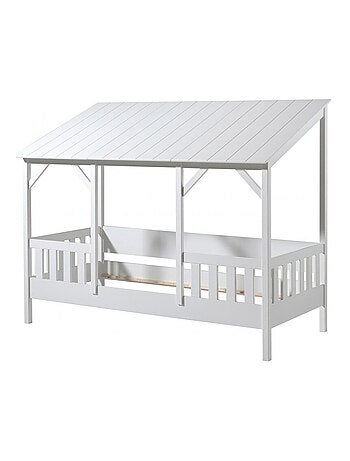 Lit cabane avec barrières et toit imitation bois HENRIK