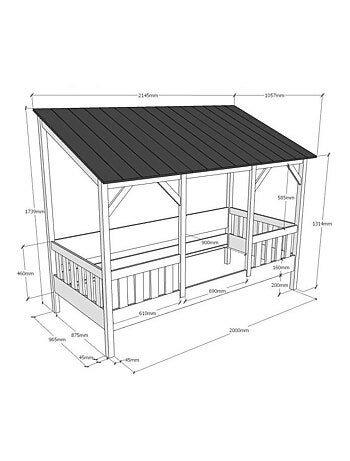 Lit cabane avec barrières et toit imitation bois HENRIK