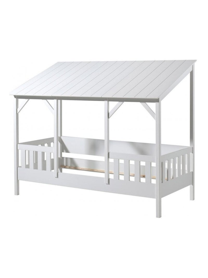 Lit cabane avec barrières et toit imitation bois  HENRIK Blanc - Kiabi