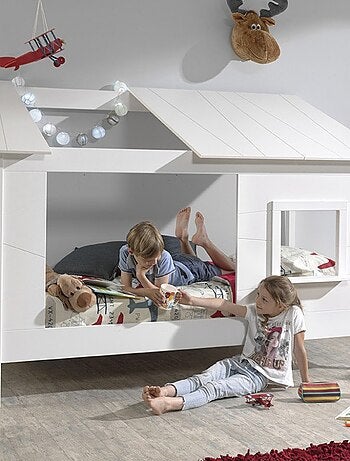 Lit cabane avec façade et fenêtre imitation bois HENRIK