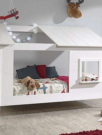 Lit cabane avec façade et fenêtre imitation bois HENRIK