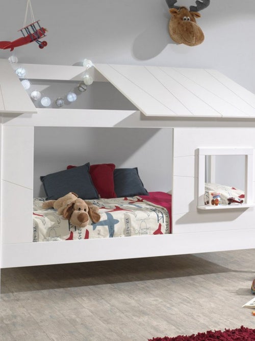 Lit cabane avec façade et fenêtre imitation bois  HENRIK - Kiabi