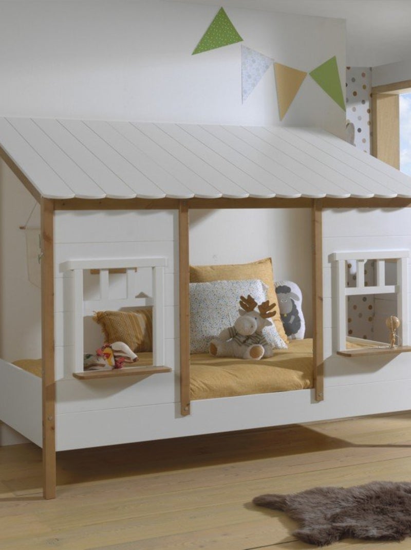 Lit cabane avec façade pin et imitation bois  HENRIK Blanc - Kiabi