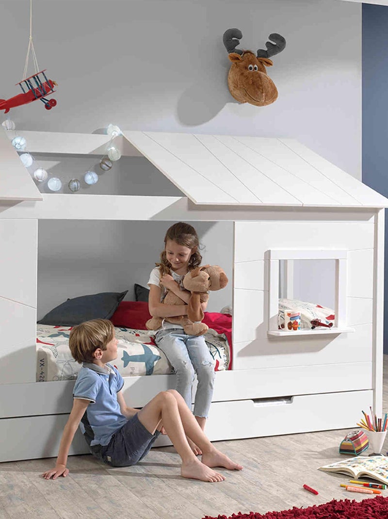 Lit cabane avec toit, fenêtre, tiroir de lit Blanc - Kiabi