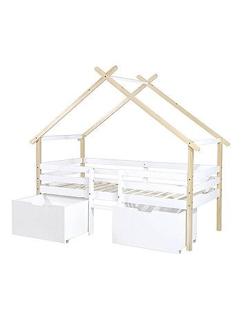 Lit cabane enfant 90 x 190 cm bois de pin sommier à lattes inclus et 2 tiroirs Sienna