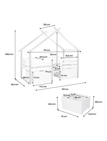 Lit cabane enfant 90 x 190 cm bois de pin sommier à lattes inclus et 2 tiroirs Sienna
