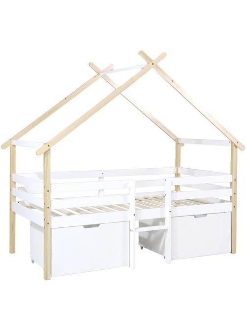 Lit cabane enfant 90 x 190 cm bois de pin sommier à lattes inclus et 2 tiroirs Sienna - Kiabi